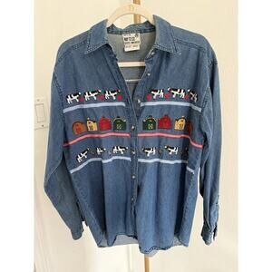 Way To Go Denim Button Up Shirt Embroidered Farm Animals Womens Medium Vintage
